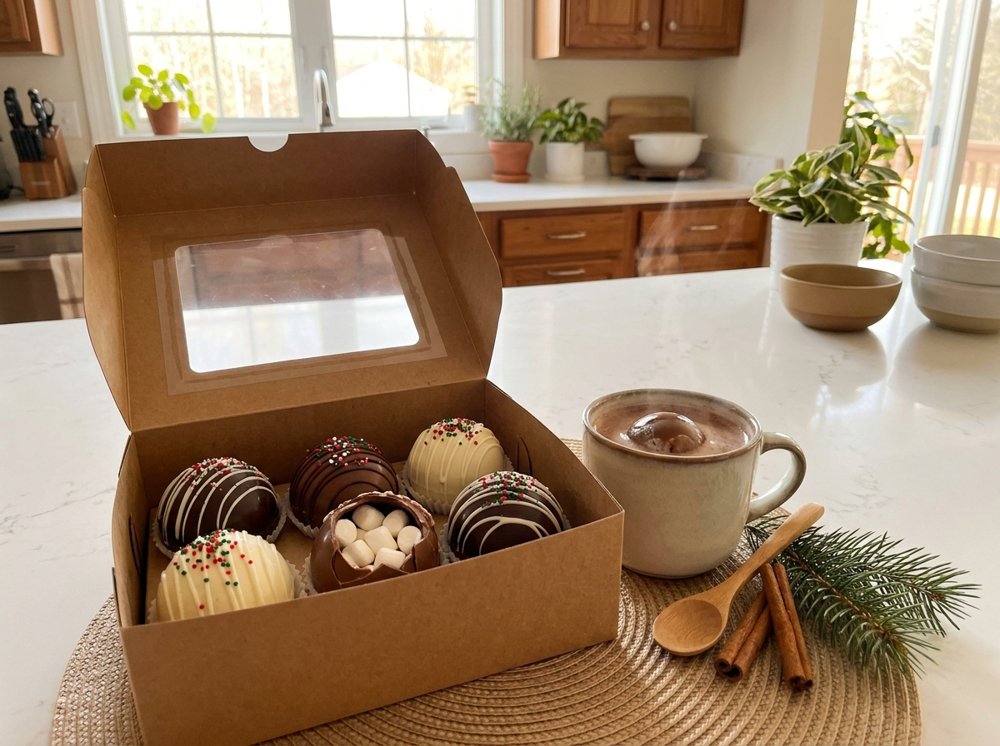 Caixa com seis bombas de chocolate quente
